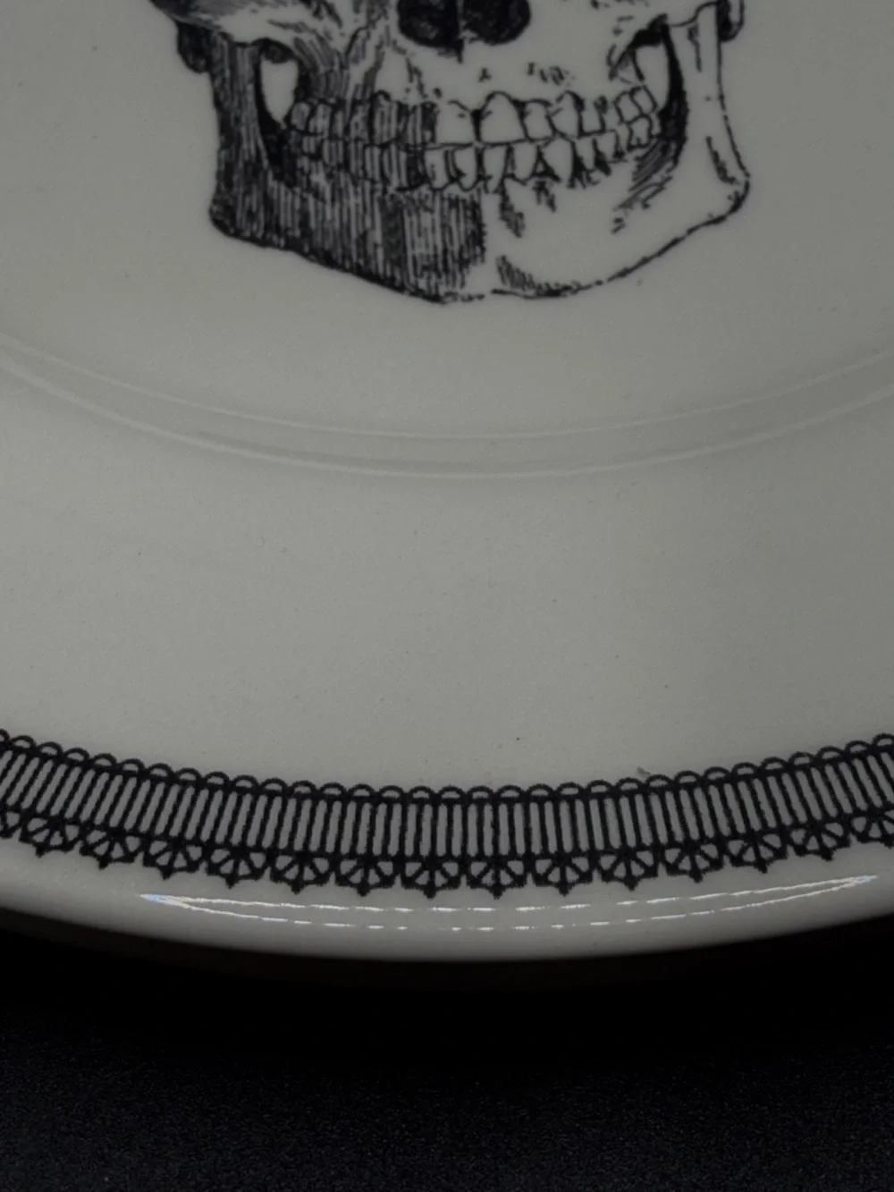 Pair Royal Stafford English Pottery Skull Plates, Skeleton Dishes Goth Tableware